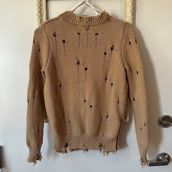 ZARA | Distressed Destroyed Knit Taupe Crew Neck Brown Tan Cotton Sweater - Picture 6 of 13